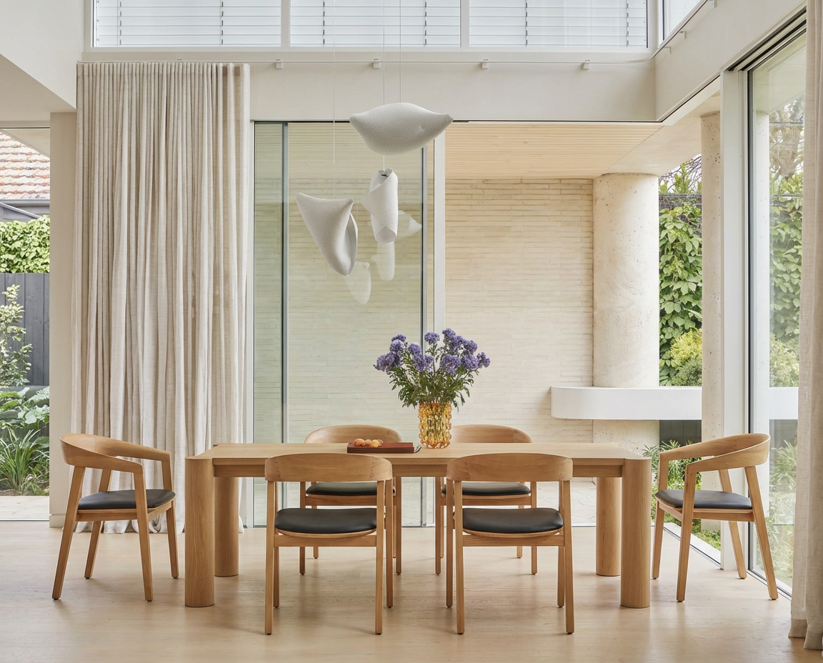 Modern dining room with wooden table, six chairs, a vase of purple flowers, pendant lights, large windows, and beige curtains.