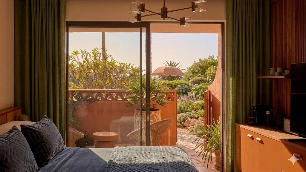 A cozy bedroom with a view of a lush garden and outdoor patio, featuring the bed with dark pillows, green curtains, and a sliding glass door leading outside.