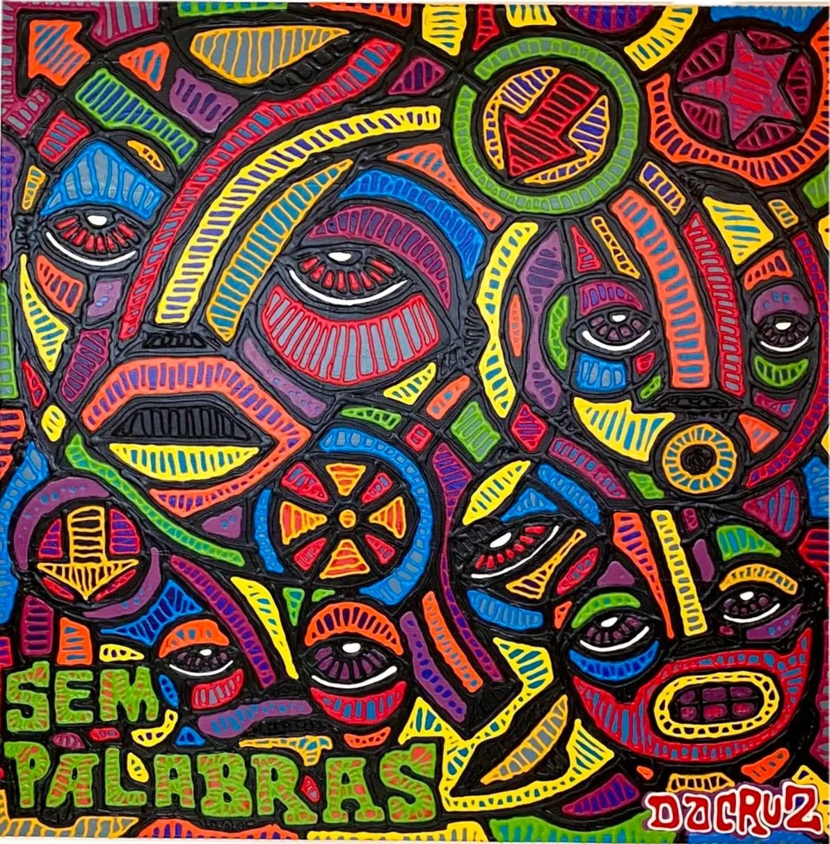 Une œuvre d'art colorée et graphique représentant de multiples visages humains avec des yeux, des lèvres, des formes géométriques et des motifs abstraits, avec le texte en bas à gauche : 'SEM PALABRAS'.