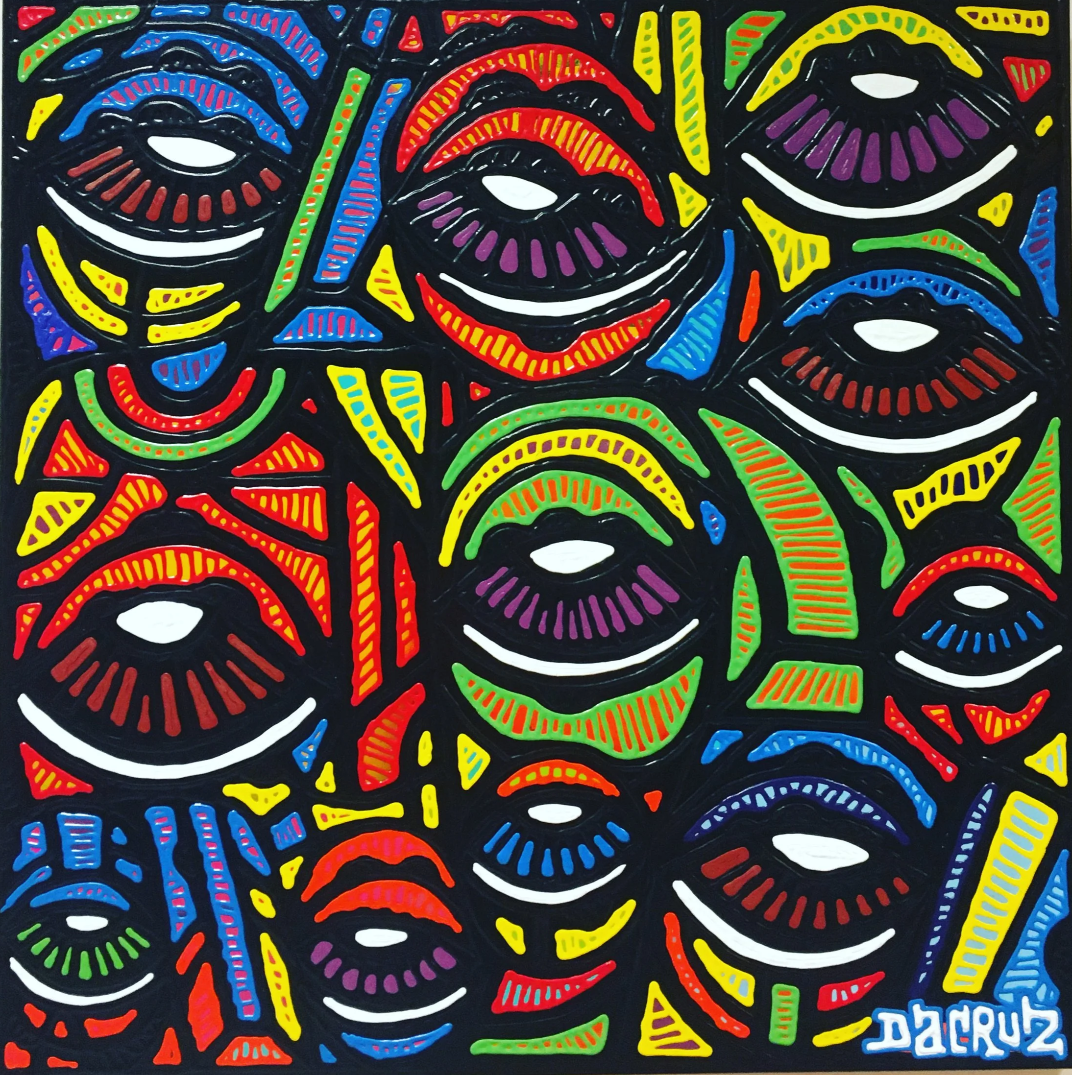 Une œuvre d'art vibrante et colorée avec des formes abstraites, représentant des yeux stylisés dans des couleurs vives comme rouge, bleu, vert, jaune, et violet sur un fond noir.