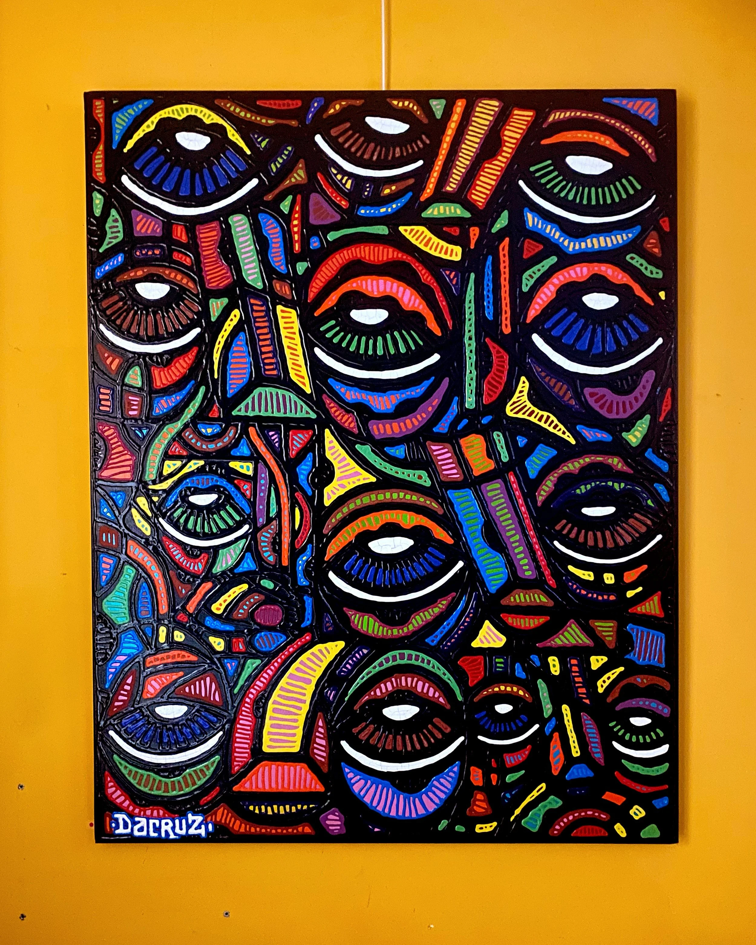 Peinture abstraite colorée avec de nombreux yeux stylisés, signatures en bas à gauche.