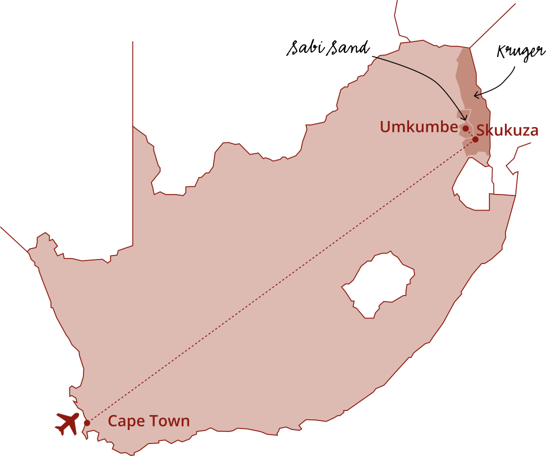 Carte de l'Afrique du Sud avec des régions indiquées, notamment Cape Town et le Kruger.