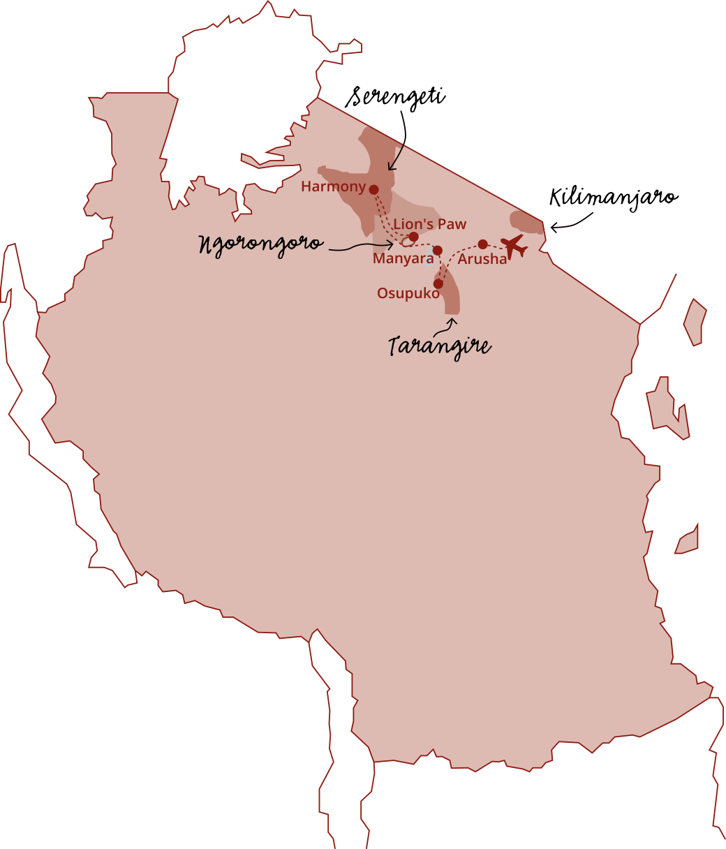 Carte de Tanzanie en couleur marron foncé avec des annotations indiquant Ngorongoro, Tarangire, et Serengeti