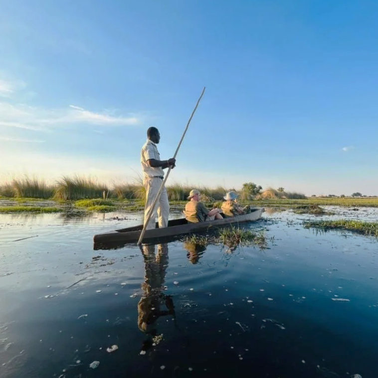 Trois personnes dans une barque sur une rivière, un mokoro, dont une personne debout utilisant une longue perche pour naviguer, avec des plantes aquatiques et un ciel ensoleillé en arrière-plan.