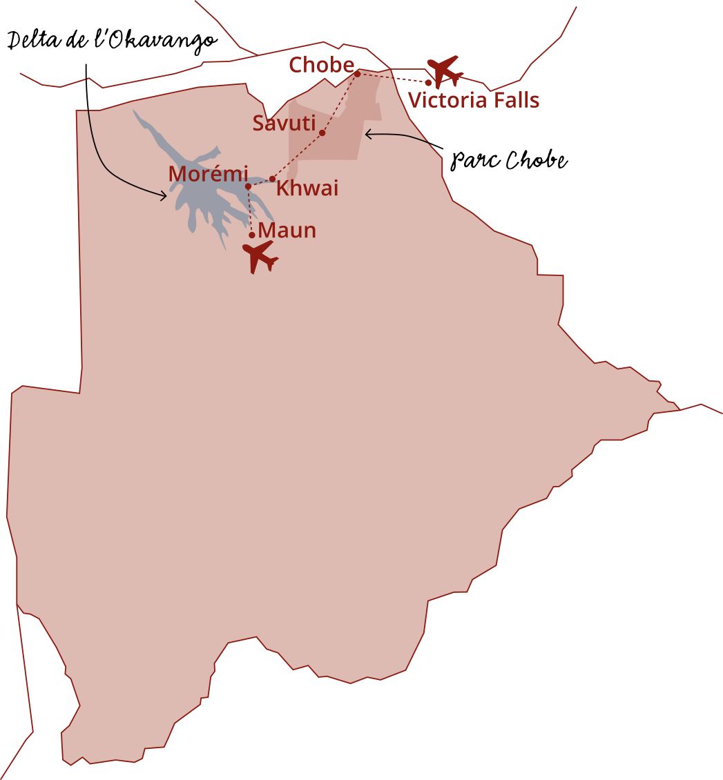 Carte illustrant la région de Chobe, avec ses sites touristiques tels que Victoria Falls, le parc Chobe, et les rivières Moremi, Khwai et Maun, en dessous de la zone du Delta de l'Okavango.