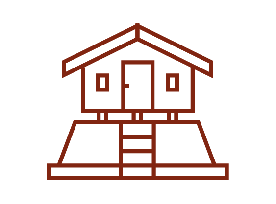 Pictogramme d'un lodge, ressemblant à une cabane en bois, sur pilotis, avec escalier menant à la porte, fenêtres symétriques, et un toit en pente.