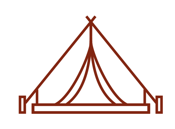 Illustration d'une tente de camping avec des cordages et des piquets de chaque côté.