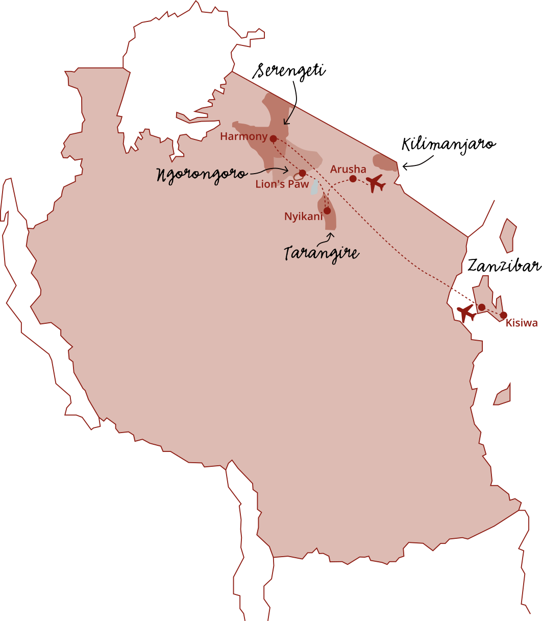 Carte de la Tanzanie en rouge avec trois emplacements marqués : Ngorongoro, Tarangire et Zanzibar, indiqués par des flèches et des inscriptions manuscrites