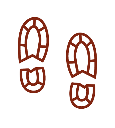 Deux empreintes de chaussures orientées vers le haut, stylisées en ligne rouge sur fond noir.