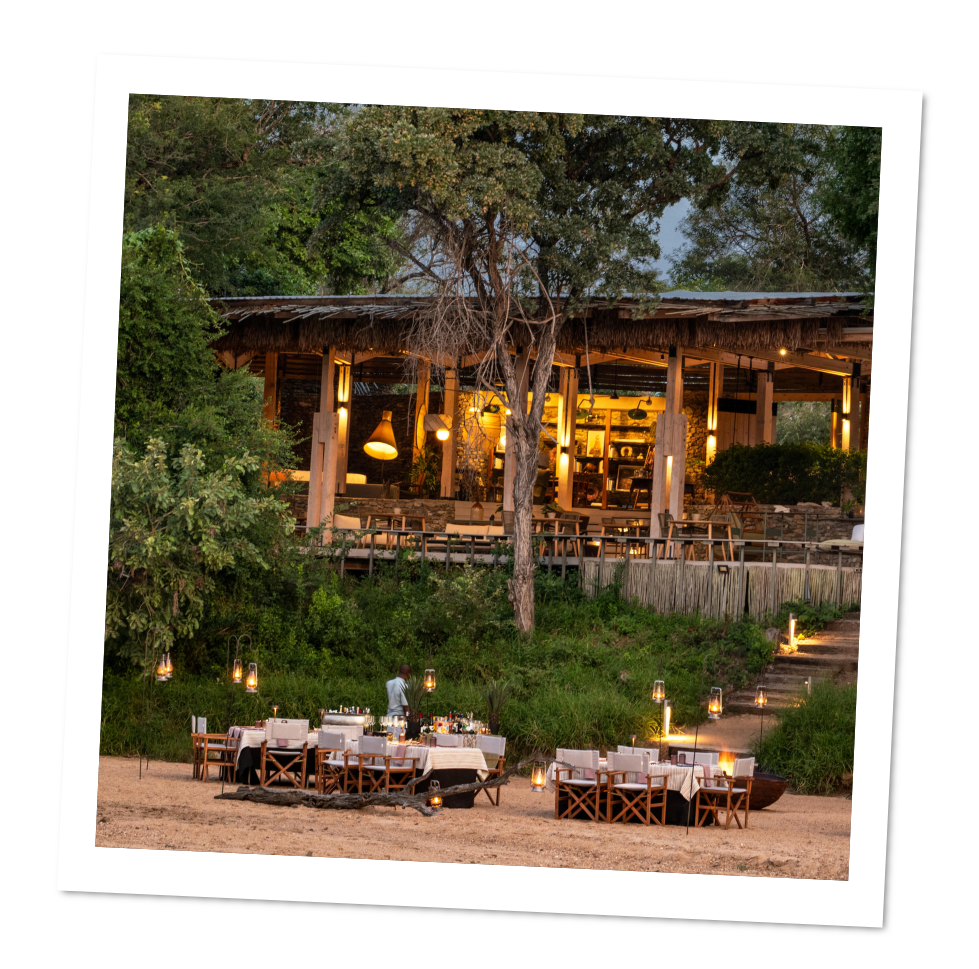 Une scène extérieure dans un environnement naturel, avec un restaurant ou un espace de dîner en plein air. Il y a plusieurs tables avec des nappes blanches, des lanternes, et un espace de restauration éclairé en arrière-plan sous un bâtiment en bois avec des lampes suspendues.