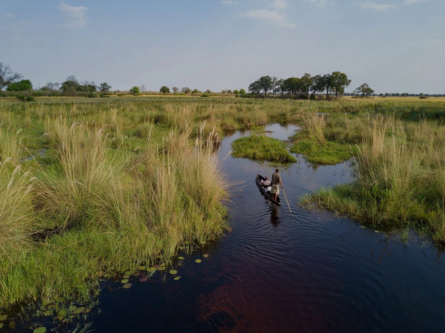 Un guide et deux femmes sur une pirogue, appelée mokoro, sur une rivière au milieu de la savane du Botswana.