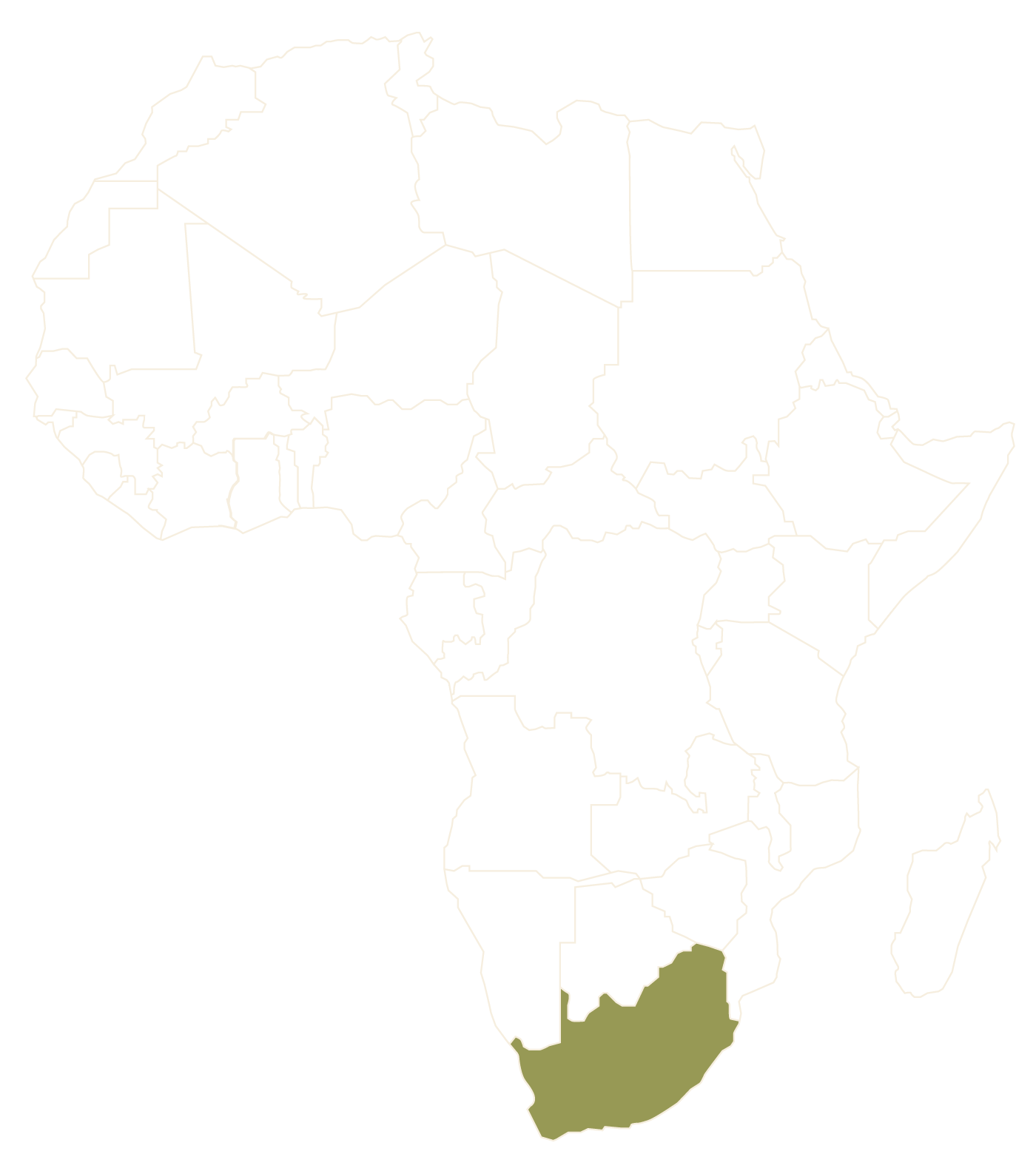Carte de l'Afrique avec l'Afrique du Sud en surbrillance en vert.
