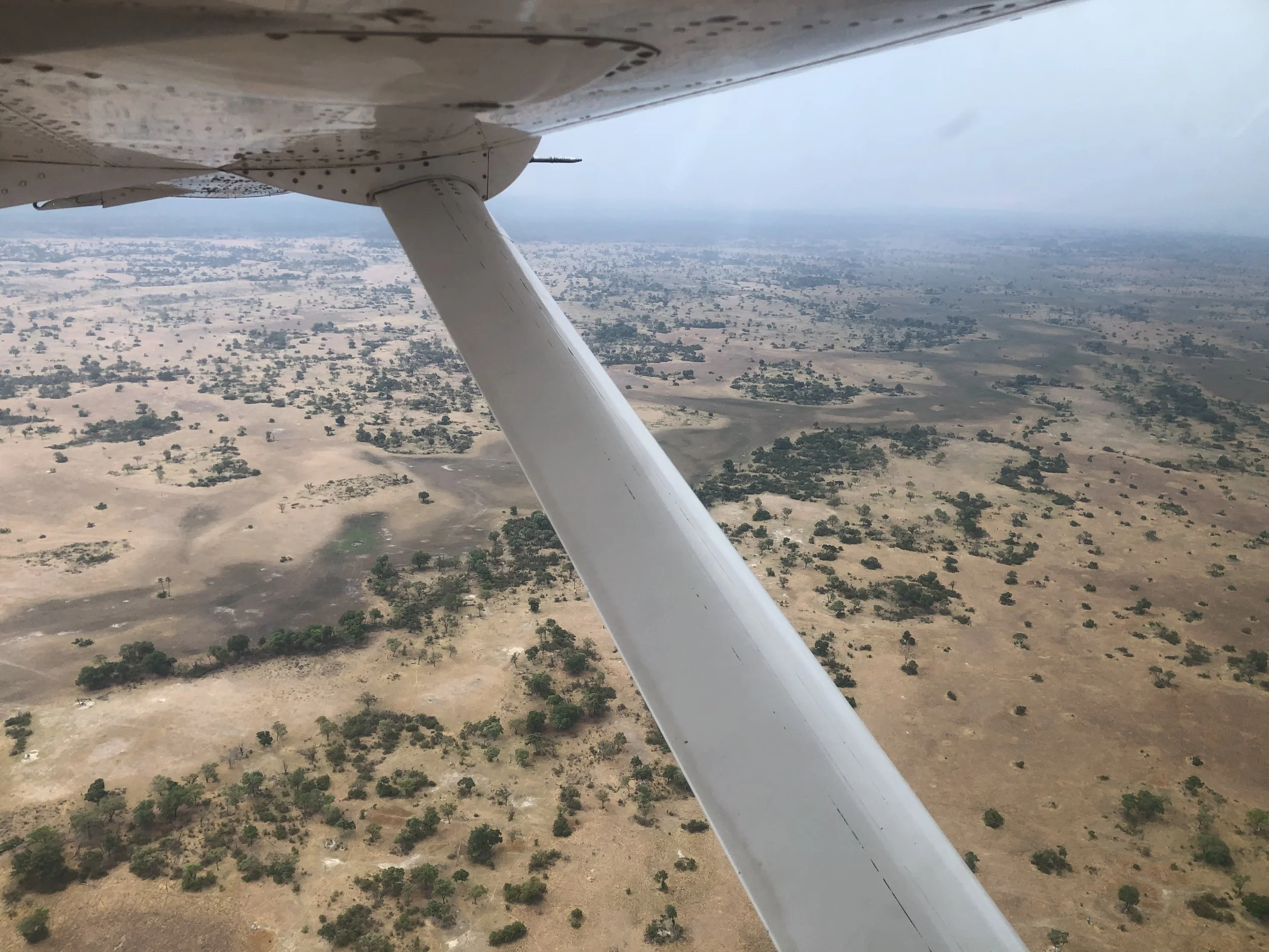 Vue aérienne depuis un avion montrant un paysage de savane avec peu d'arbres et de grandes zones de terre sèche.