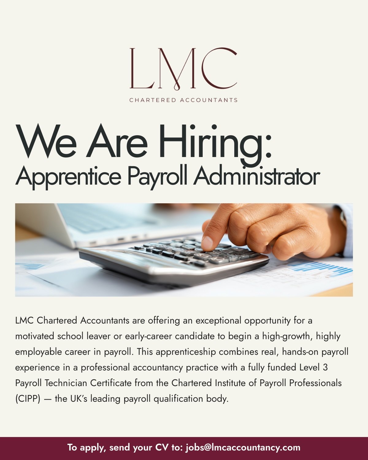 📣 WE ARE HIRING:  Apprentice Payroll Administrator 
 ✨Full-time role, with training provided✨

We&rsquo;re offering an exceptional opportunity for a motivated school leaver or early-career candidate to begin a high-growth career in payroll. 

⭐️This