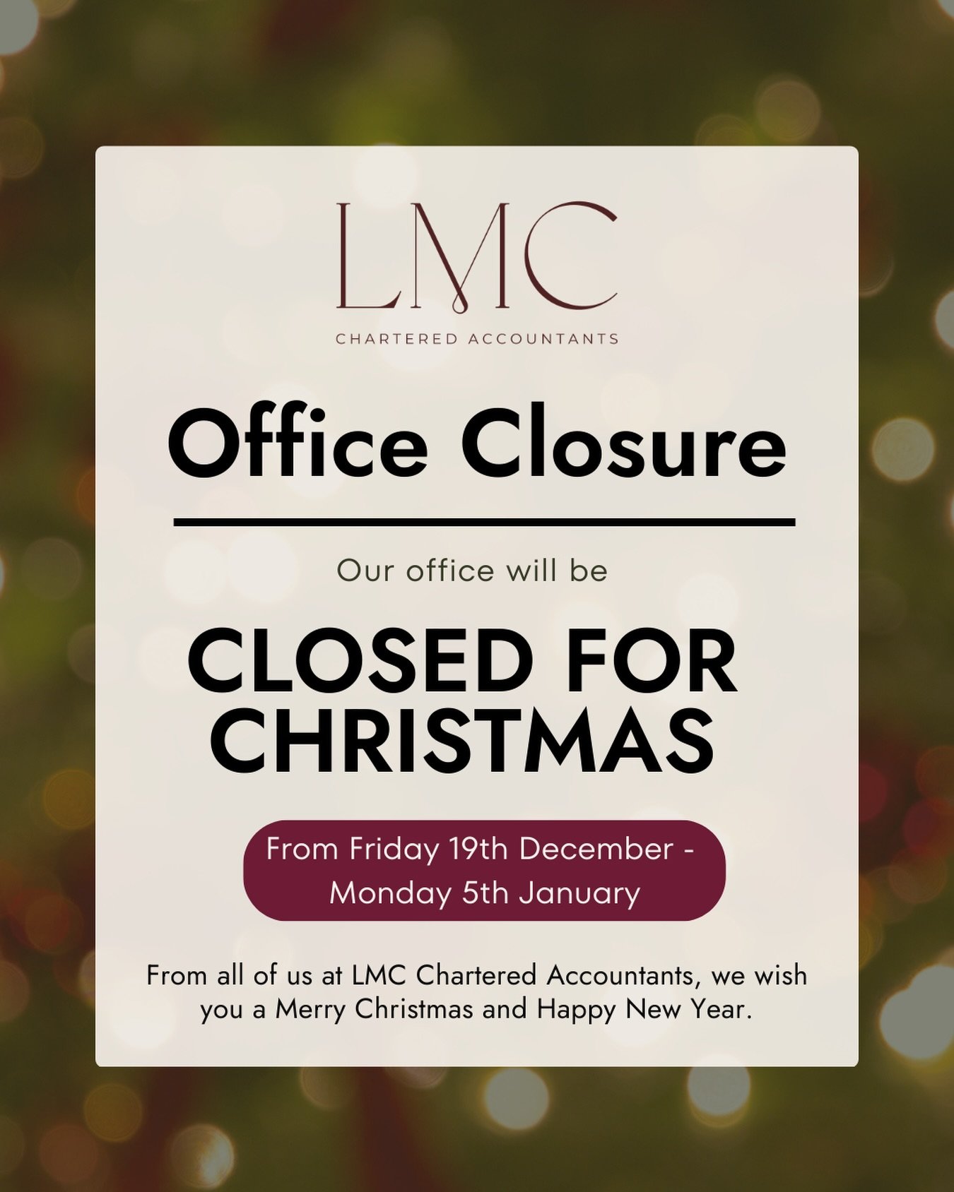 🎄Office Closure: Our office is now closed for Christmas and will reopen on Monday 5 January. 

✨All client queries will be responded to upon our return.

Wishing everyone a happy and restful festive break.🎅🎄

#christmasbreak #outofoffice #accounta
