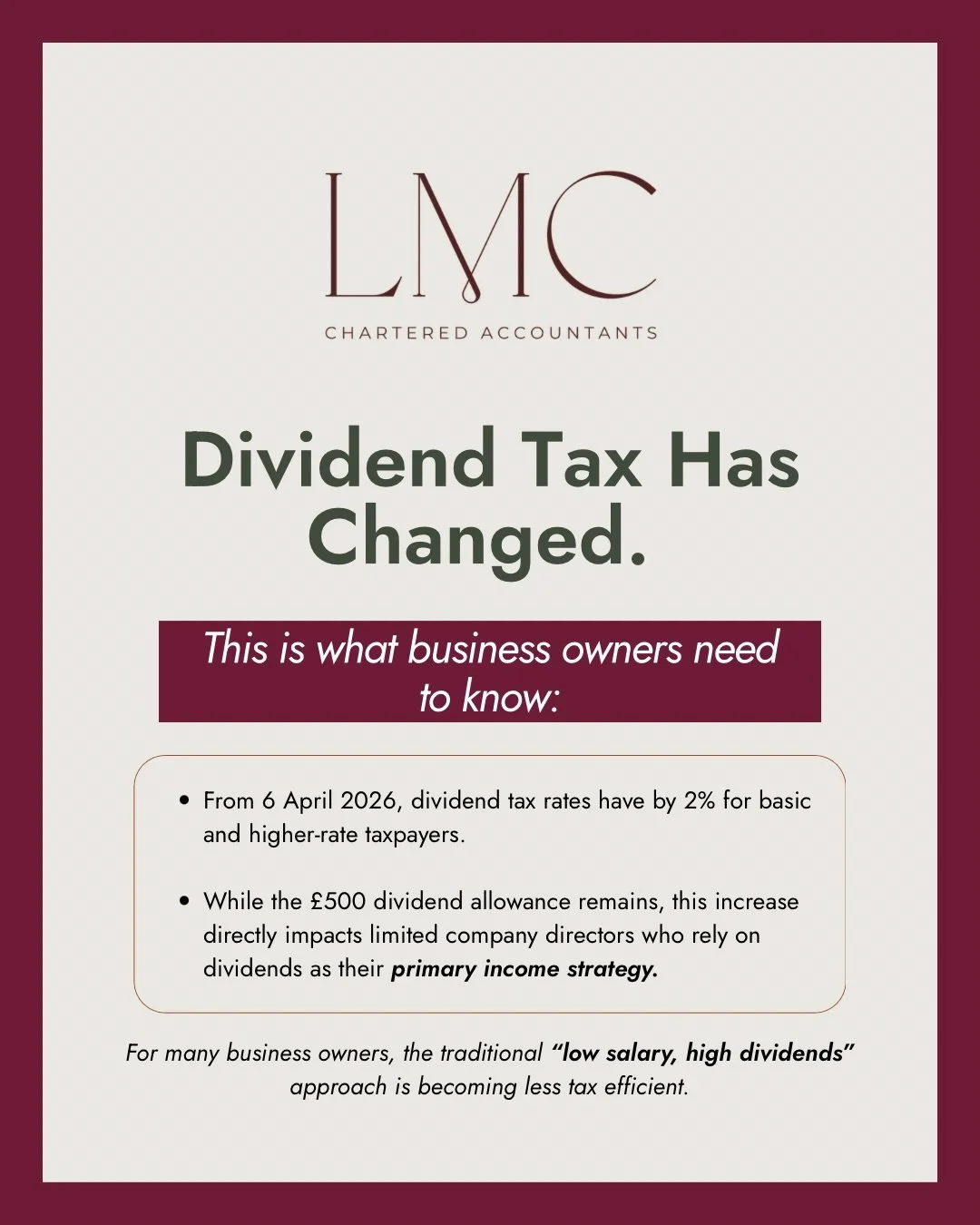 💸From April 2026, dividend tax rates have increased,  impacting business owners who rely on dividends as a key income strategy. 

👉🏻With reduced allowances and rising rates, the traditional &ldquo;low salary, high dividends&rdquo; approach is beco