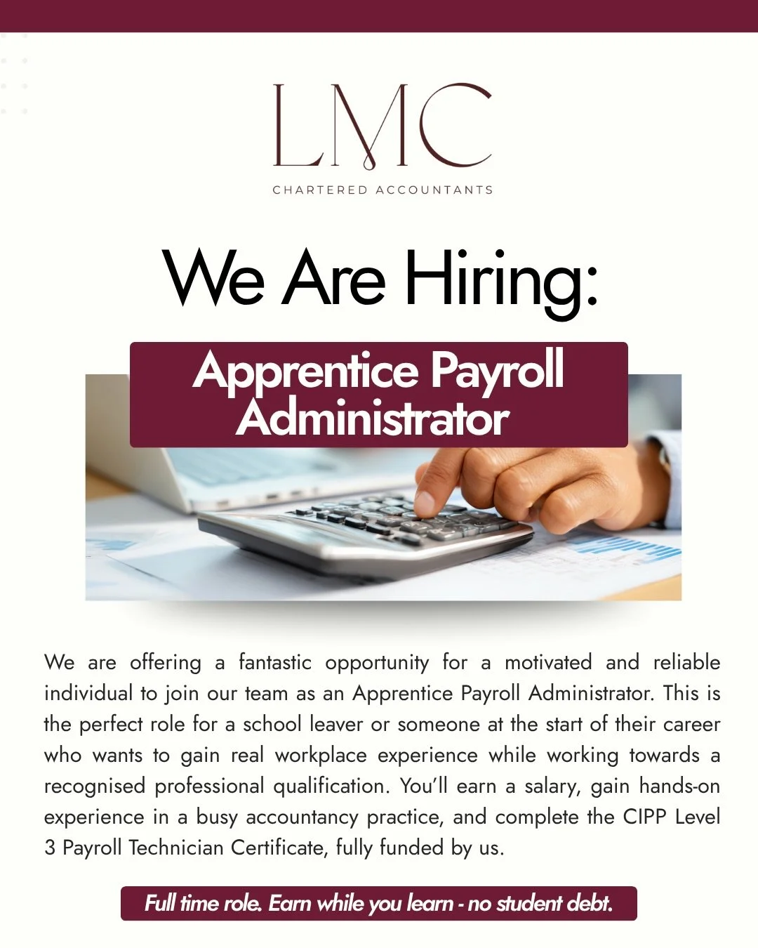 ✨Our team is growing!

We are recruiting an Apprentice Payroll Administrator to join our team.👏🏻

✨This full-time opportunity is ideal for a school leaver or someone at the beginning of their career who is looking to gain practical experience while