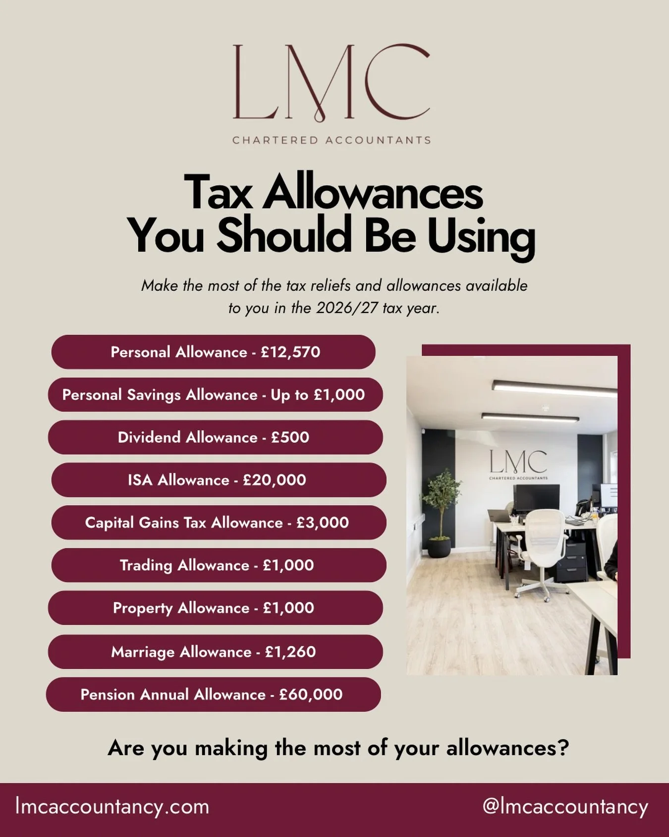 Are you making the most of your tax allowances? 💰

The 2026/27 tax year offers a range of reliefs and allowances that could help you reduce your tax bill and make your money work harder.👏🏻

✨Many business owners miss opportunities simply because t