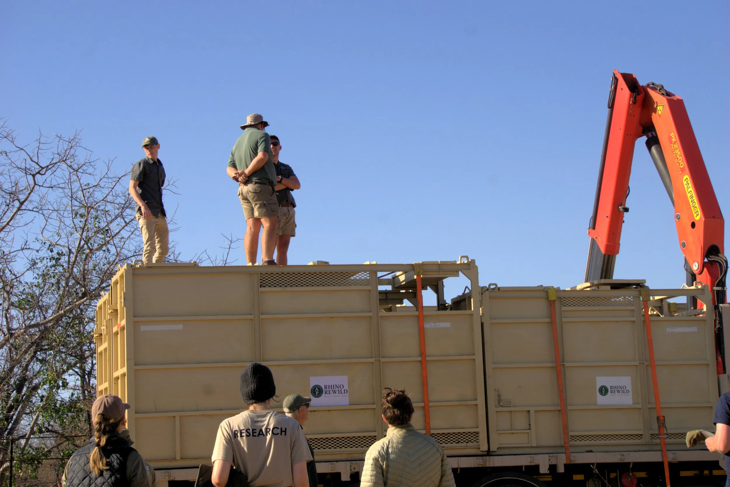 People standing on top of a large vehicle equipped with hydraulic machinery, preparing to deliver White rhino into a nature reserve