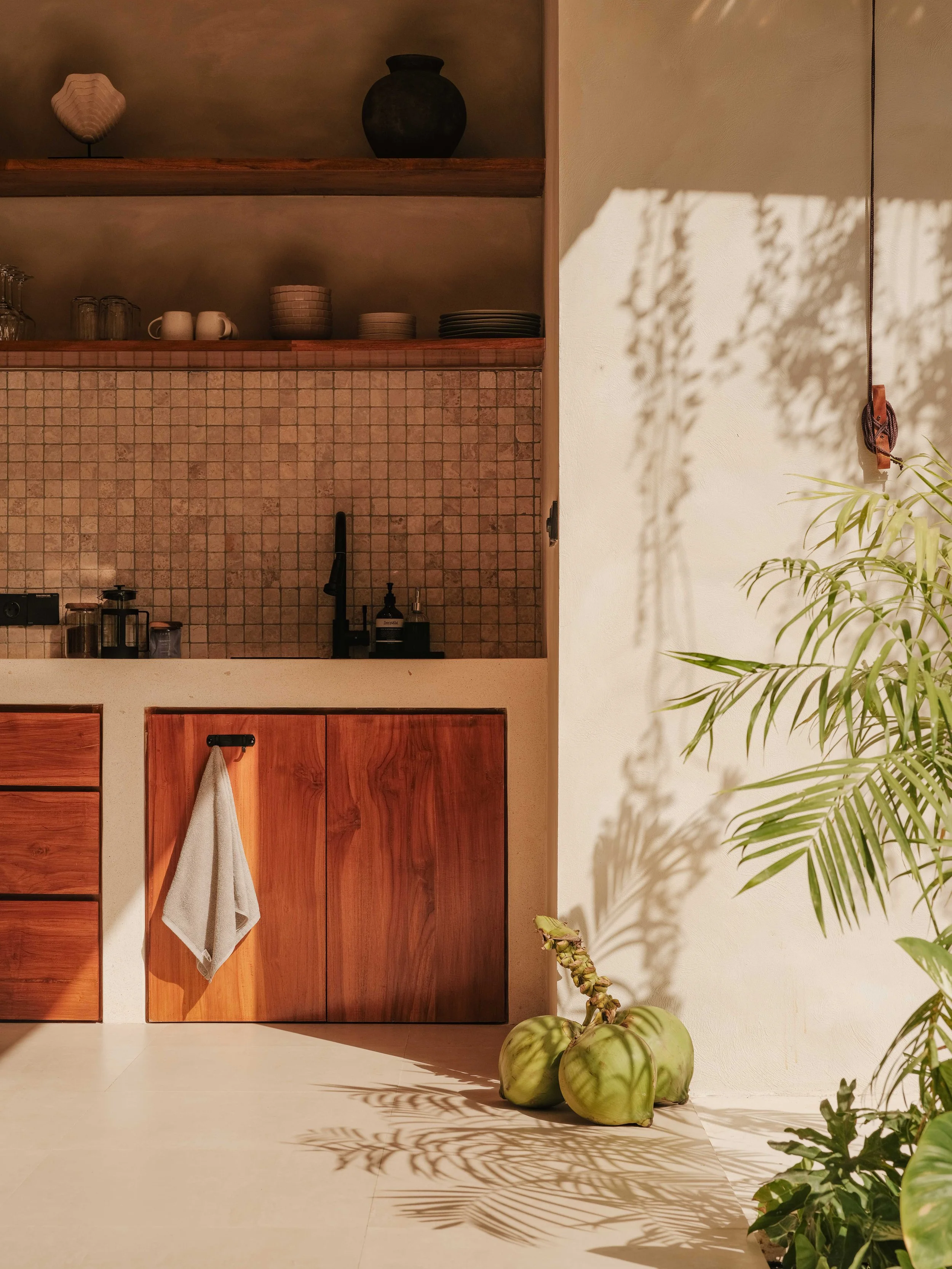 A kitchen with wooden cabinets and open shelves, beige tiled backsplash, a black sink faucet, and a white countertop. There are three large green vegetables resembling gourds or pumpkins on the floor, with shadows of leafy plants cast on the wall and floor. A leafy plant is partially visible in the lower right corner.
