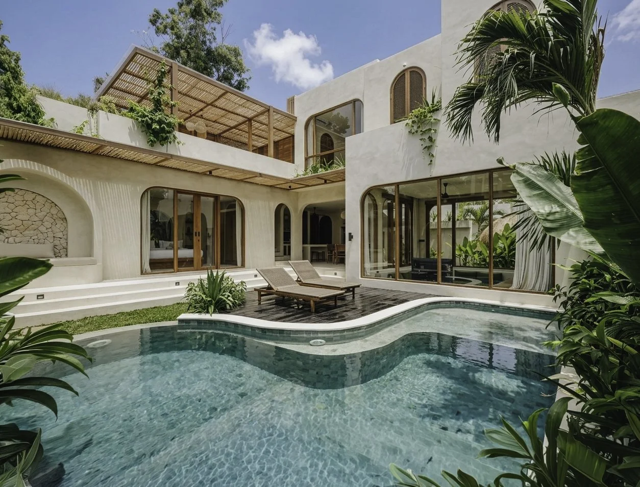 A stylish luxury villa in Kuta showing an outdoor pool and lush greenery in the evening.