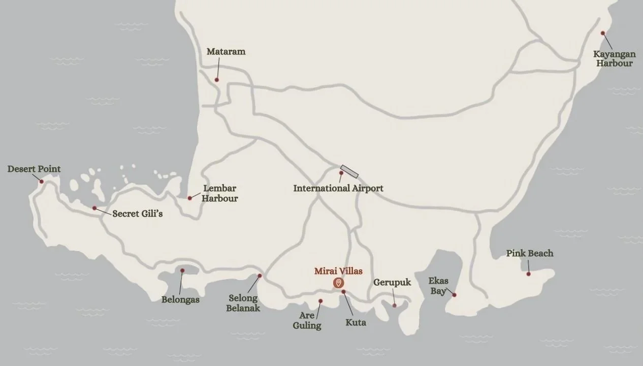 A map of an island showing various locations including Mataram, Kayangan Harbour, Lembar Harbour, Secret Gili's, Desert Point, Belongas, Selong Belanak, Are Guling, Kuta, Gerupuk, Ekas Bay, Pink Beach, International Airport, and Mirai Villas.