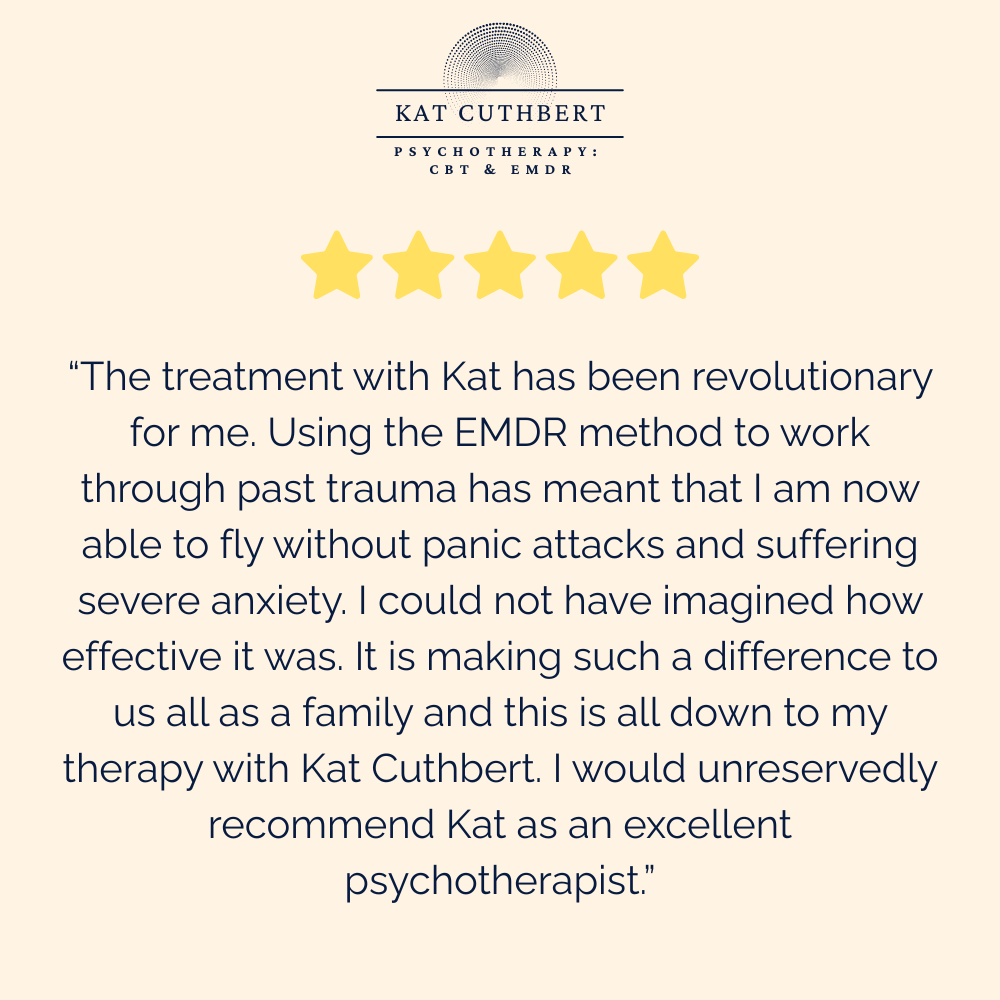 Testimonial from a client about Kat Cuthbert's psychotherapy services, highlighting her expertise in EMDR, CBT, and mindfulness with a five-star rating.
