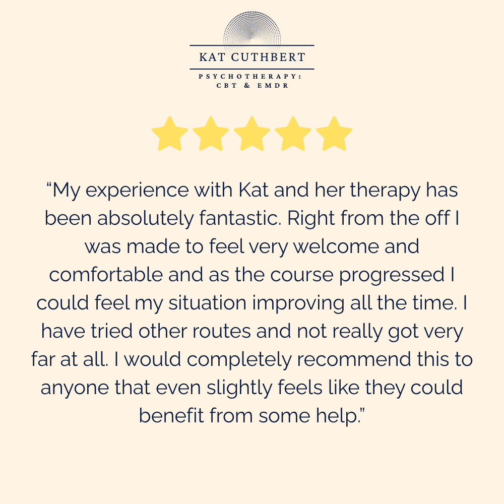 Testimonial for Kat Cuthbert's psychotherapy services, featuring a five-star rating and positive feedback about her therapy practice.