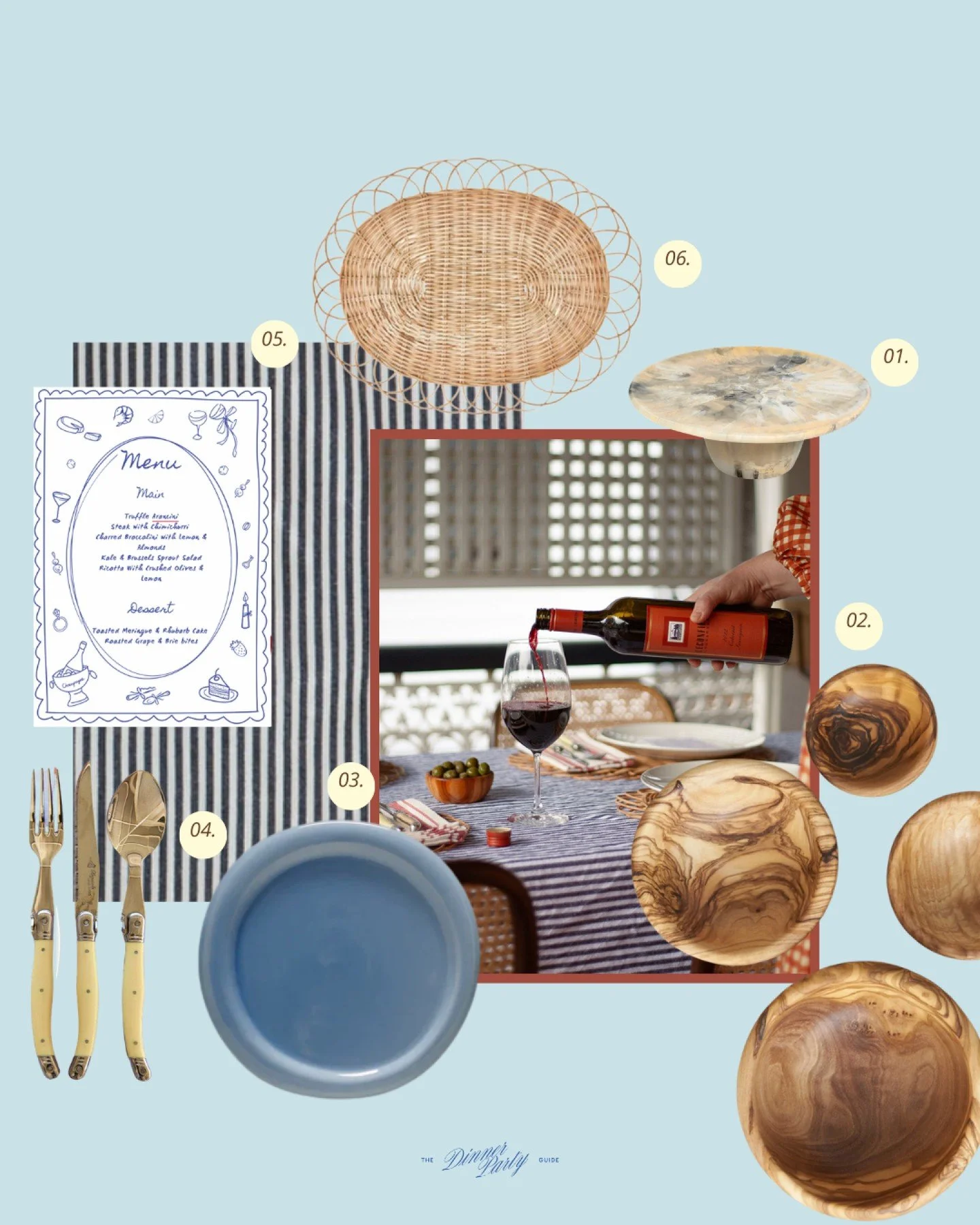 GET THE LOOK - Plus -- Currently 'The Crowd Pleaser' Dinner Party Guide is free on the website, when you subscribe. 
01. Temple Cake Stand | Dinosaur Designs
02. Olive Wood Nesting Bowls | Saarde
03. Sideplate | Softedge
04. Simplicite Cutlery | Lagu