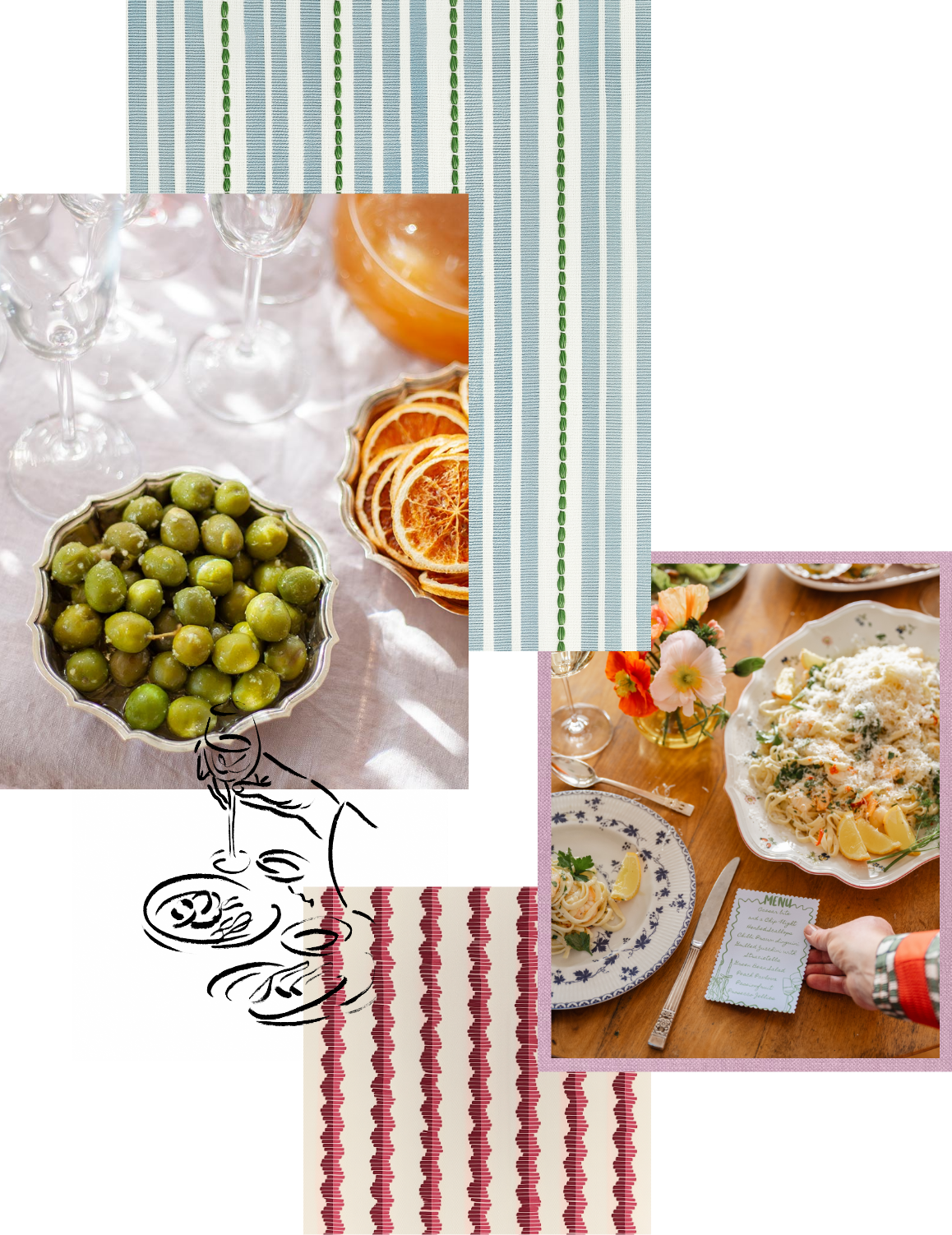 Decorative collage of a table setting with food, including a bowl of green olives, sliced citrus fruit, pasta dish with lemon, and a person holding a menu card, with a background of patterned and textured paper.