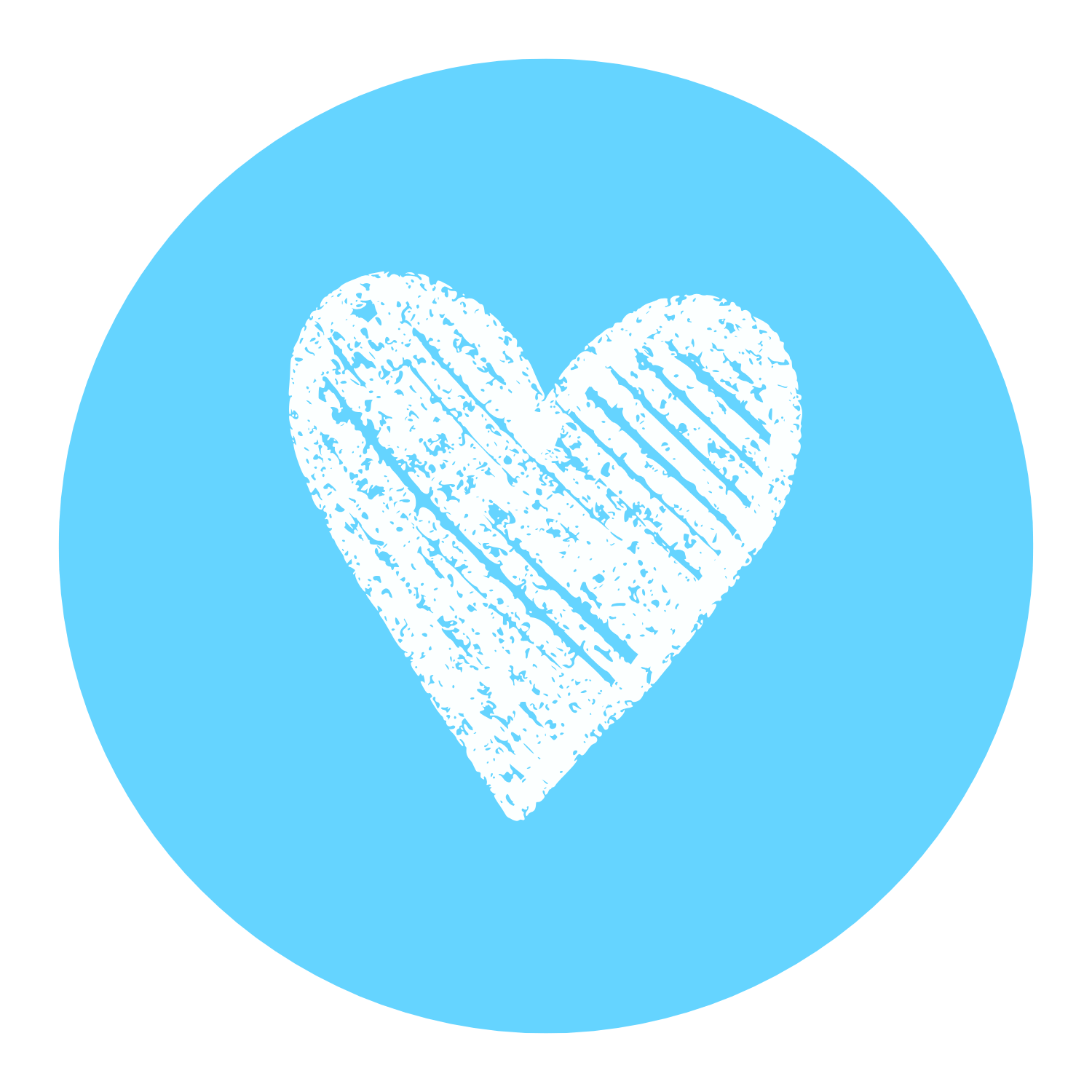 White heart with textured lines inside on a light blue circular background.