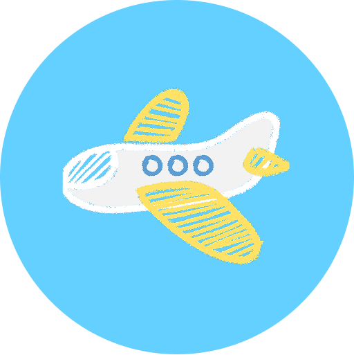 A digital illustration of a white airplane with yellow wings and a yellow tail, set against a blue circular background.