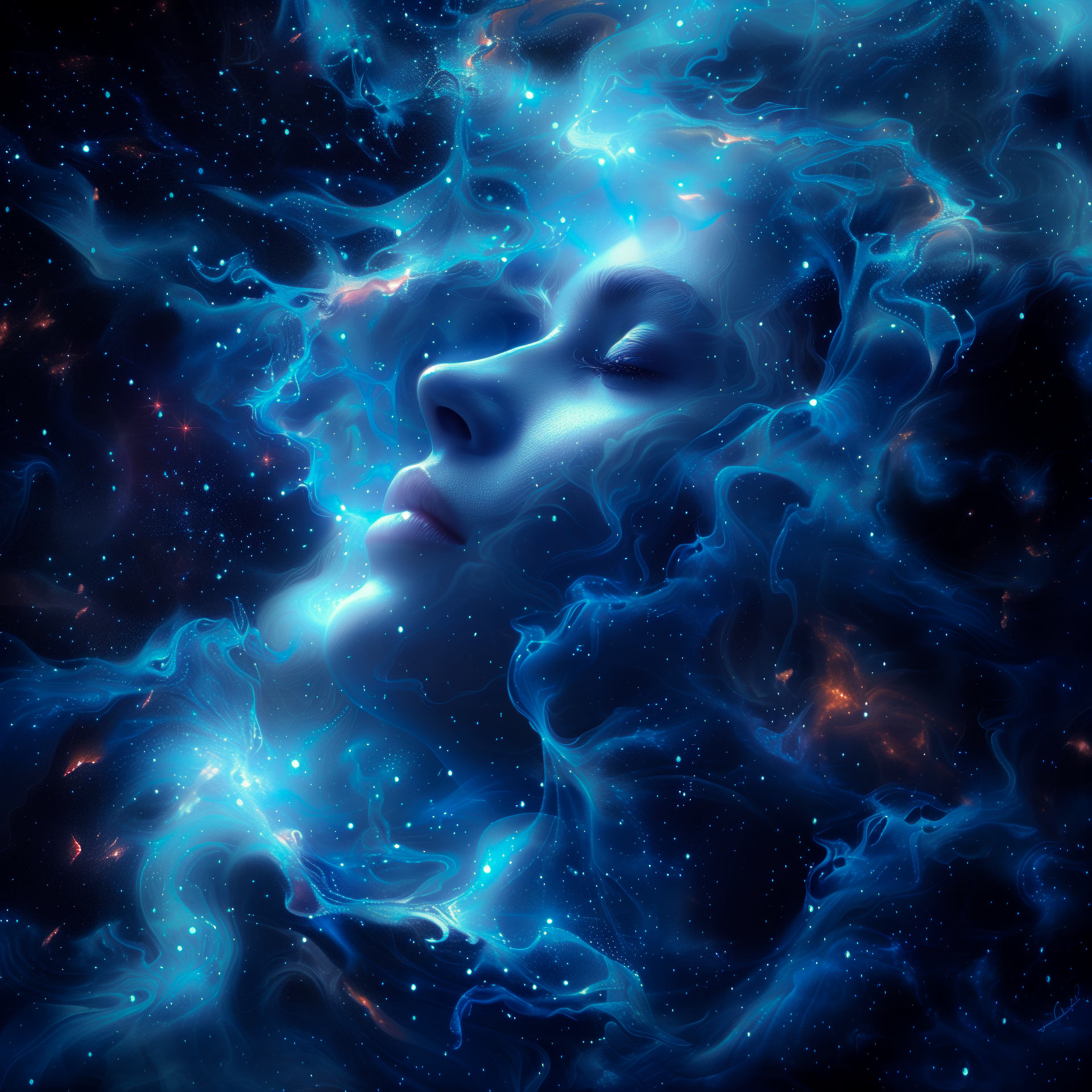 A surreal digital artwork of a woman's face with closed eyes, surrounded by luminous, swirling blue and white cosmic energy and stars in space.