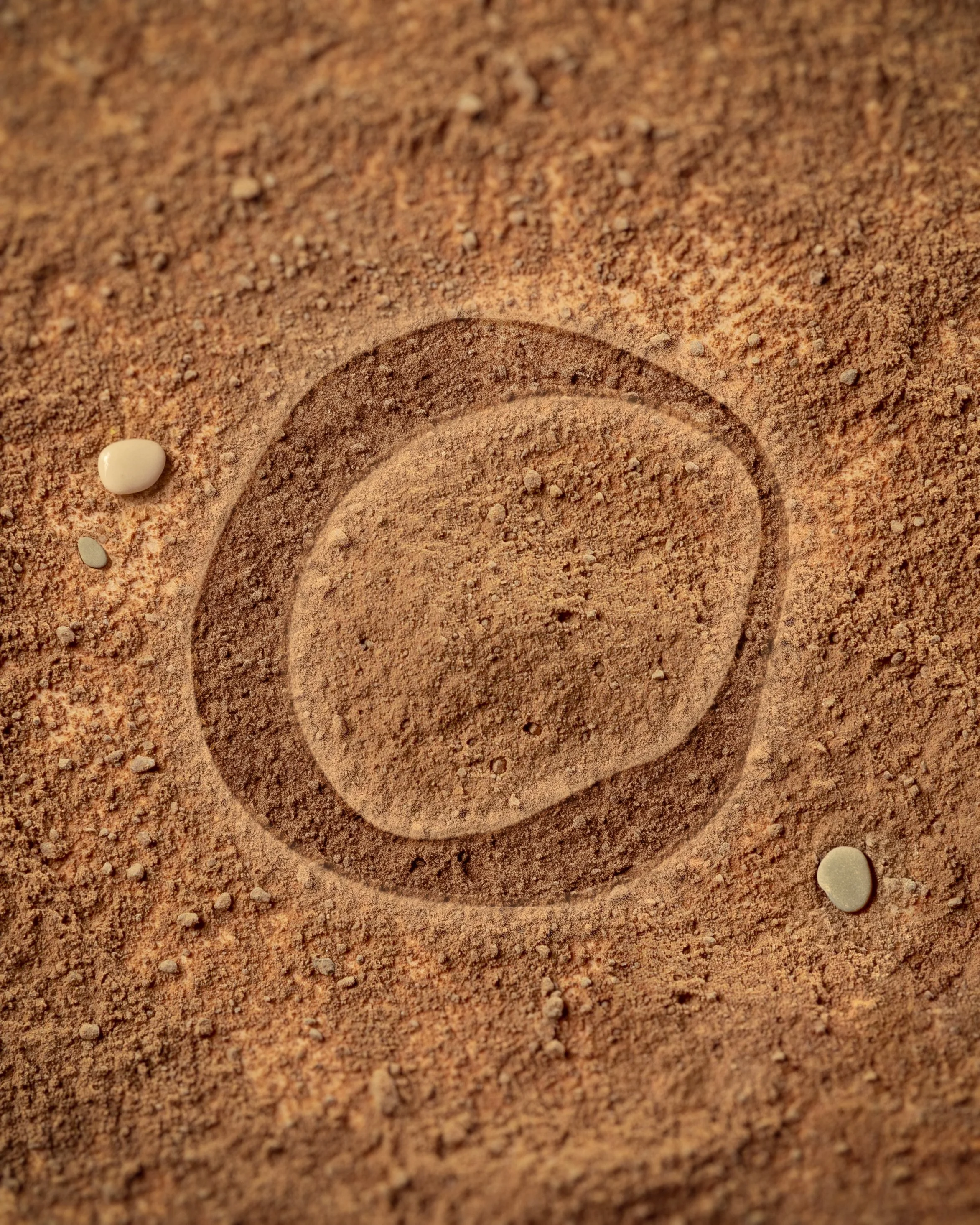 Tracé circulaire représentant le Logo GENESIS dans le sol de sable ou de gravier, entouré de petites pierres.