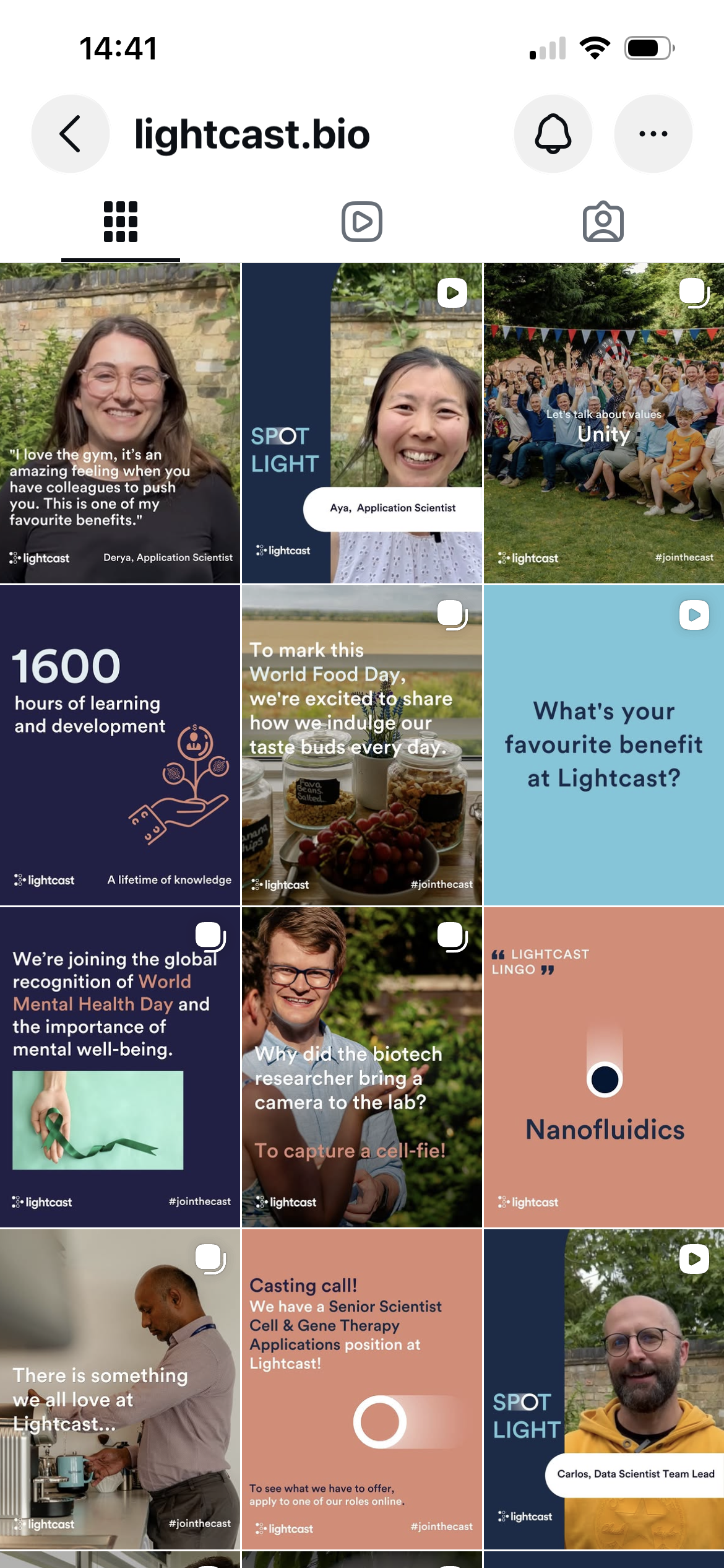 Screenshots of a social media profile page with videos and images related to scientific research, mental health awareness, community events, and job openings at Lightcast.