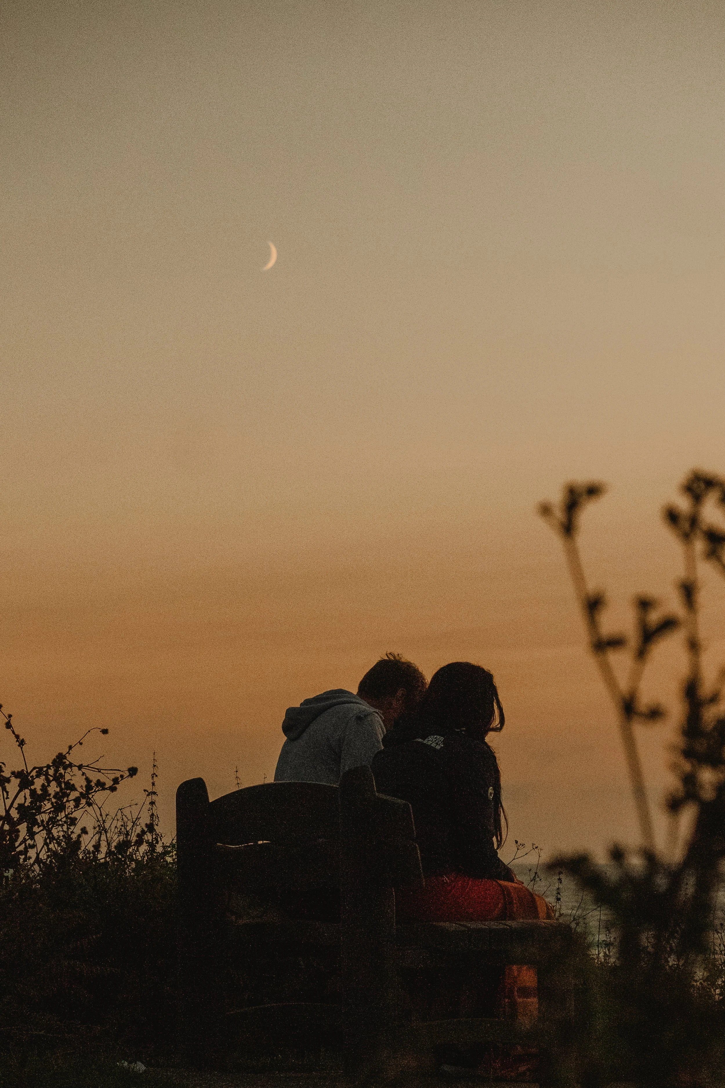 Silhouette of a couple sitting on a park bench at dusk with a crescent moon in the sky.