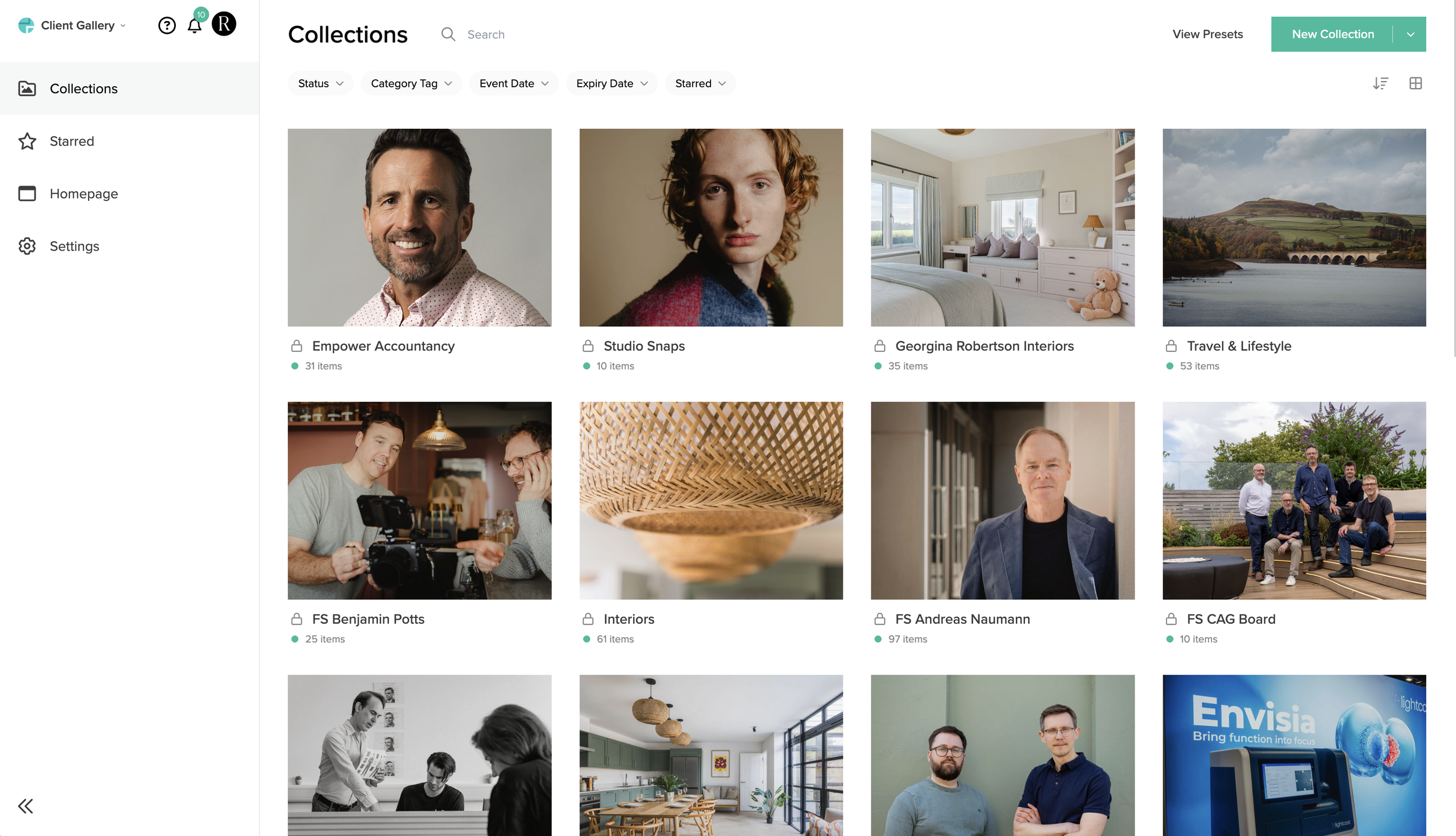 Screenshot of a digital photo gallery interface showing various collections with images of people, interiors, landscapes, and objects, each labeled with collection and client names.