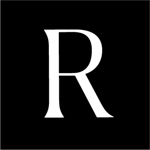 A white capital letter 'R' on a black background.