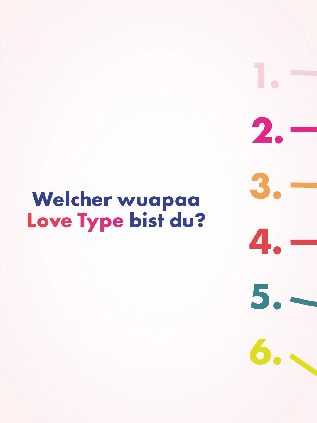 Love ist nicht nur ein Gef&uuml;hl.
Love ist ein Creative Type. ❤️

Also ehrlich:
Bist du Pixel Perfektionist:in, Chaos Kreative oder Bold Visionary?

Pick your number.
Wir wissen, wer hier die Deadline Lover sind. 👀😅