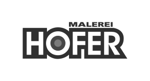 Logo mit schwarzen Hintergrund, weißen und grauen Texten, liest 'MALEREI HOFER'.