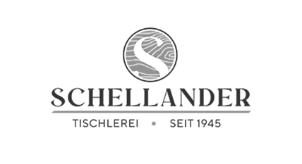 Logo mit einem stilisierten S in einem Kreis, darunter der Text "SCHELLANDER" und "TISCHLEREI SEIT 1945".