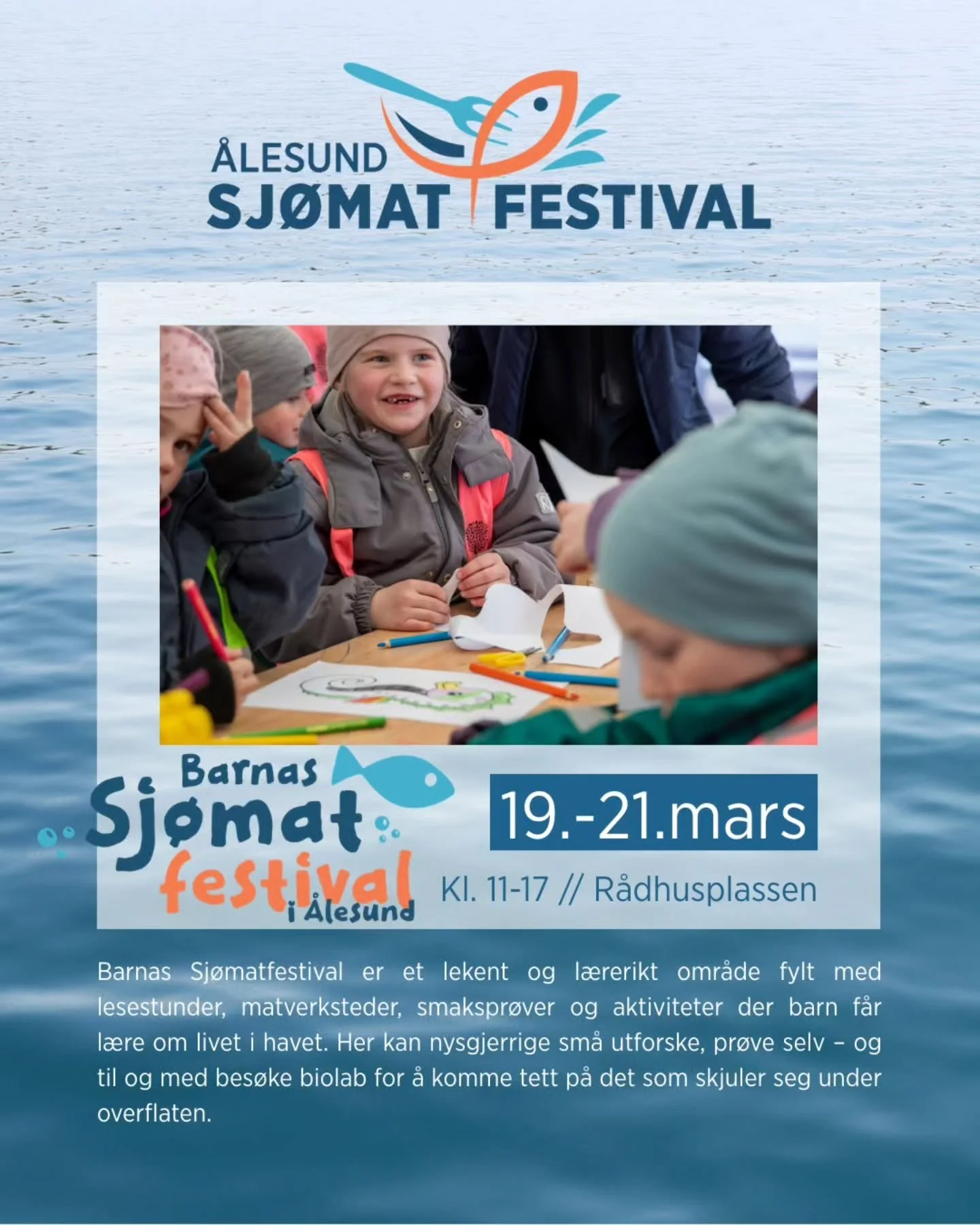 🐟 Barnas Sj&oslash;matfestival

Under &Aring;lesund Sj&oslash;matfestival blir det ogs&aring; masse spennende for de yngste! Her kan barn l&aelig;re mer om livet i havet, smake p&aring; sj&oslash;mat, h&oslash;re historier og delta i morsomme og l&a