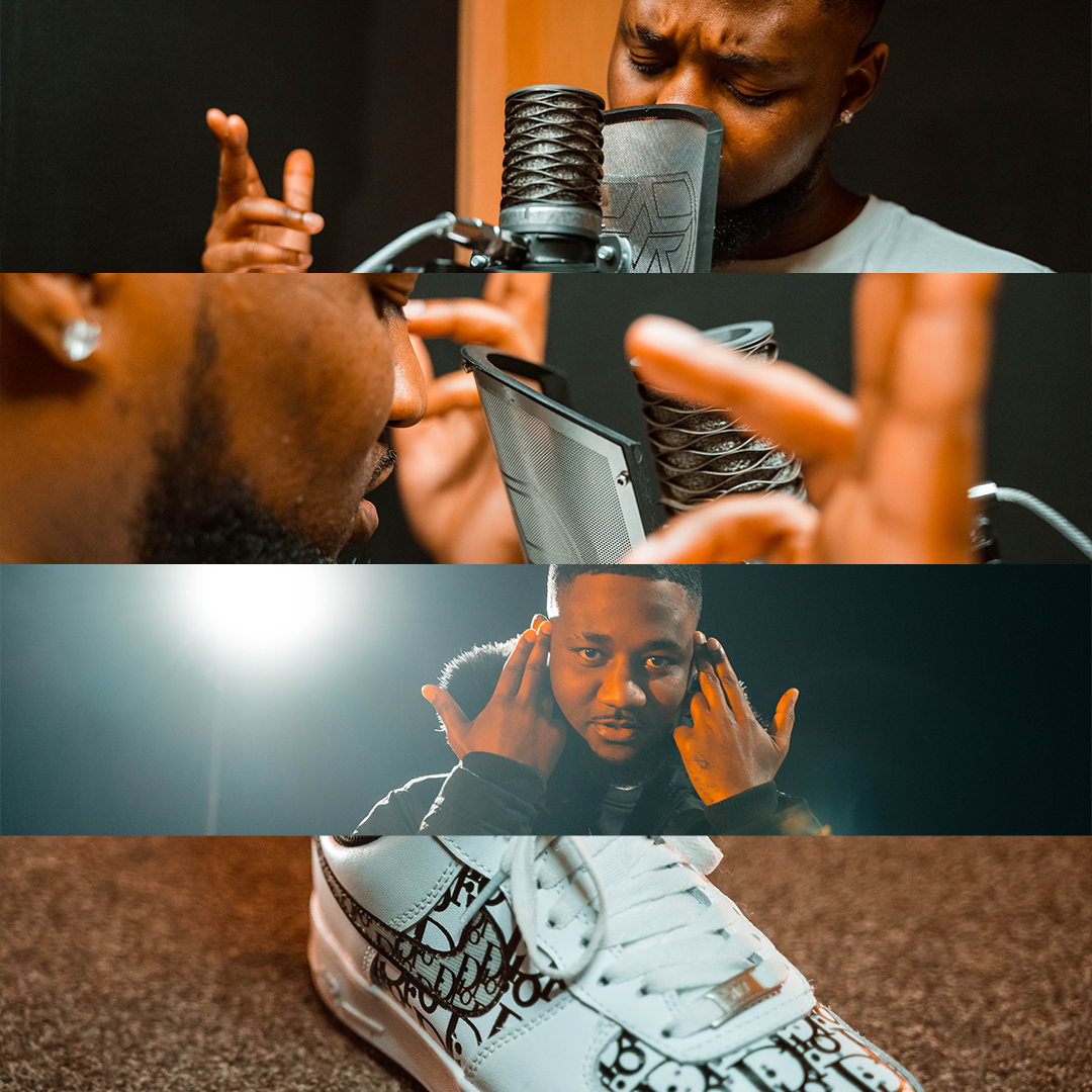 Collage of four images: a man singing into a microphone in a recording studio, close-up of a man adjusting recording equipment, a man holding his hands near his ears, and a designer sneaker with a black and white pattern.