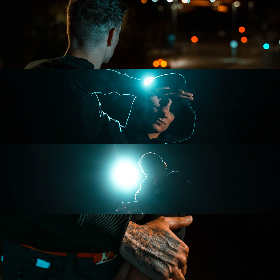 A collage of four photos showing young men in dark settings; the first man is looking away in a night city scene with blurred lights, the second is holding up his hand shielding his eyes with a bright light behind him, the third is backlit with bright light creating a silhouette, and the fourth shows a tattooed hand and part of a face in dim lighting.