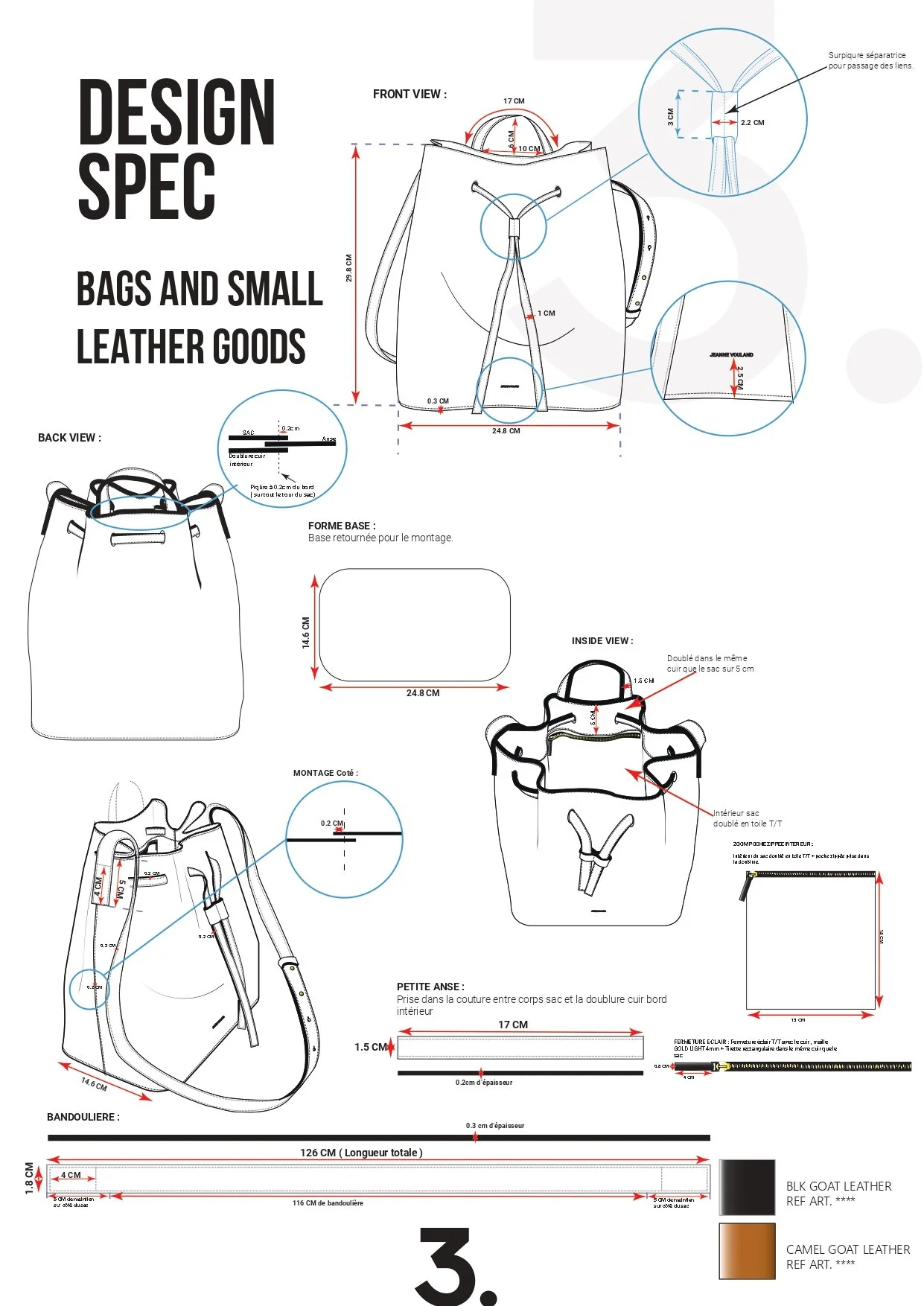 Spécifications techniques d'un sac en cuir, avec différentes vues et dimensions, incluant le devant, le dos, l'intérieur, la base, la petite anse, la bandoulière, et des détails de couture.