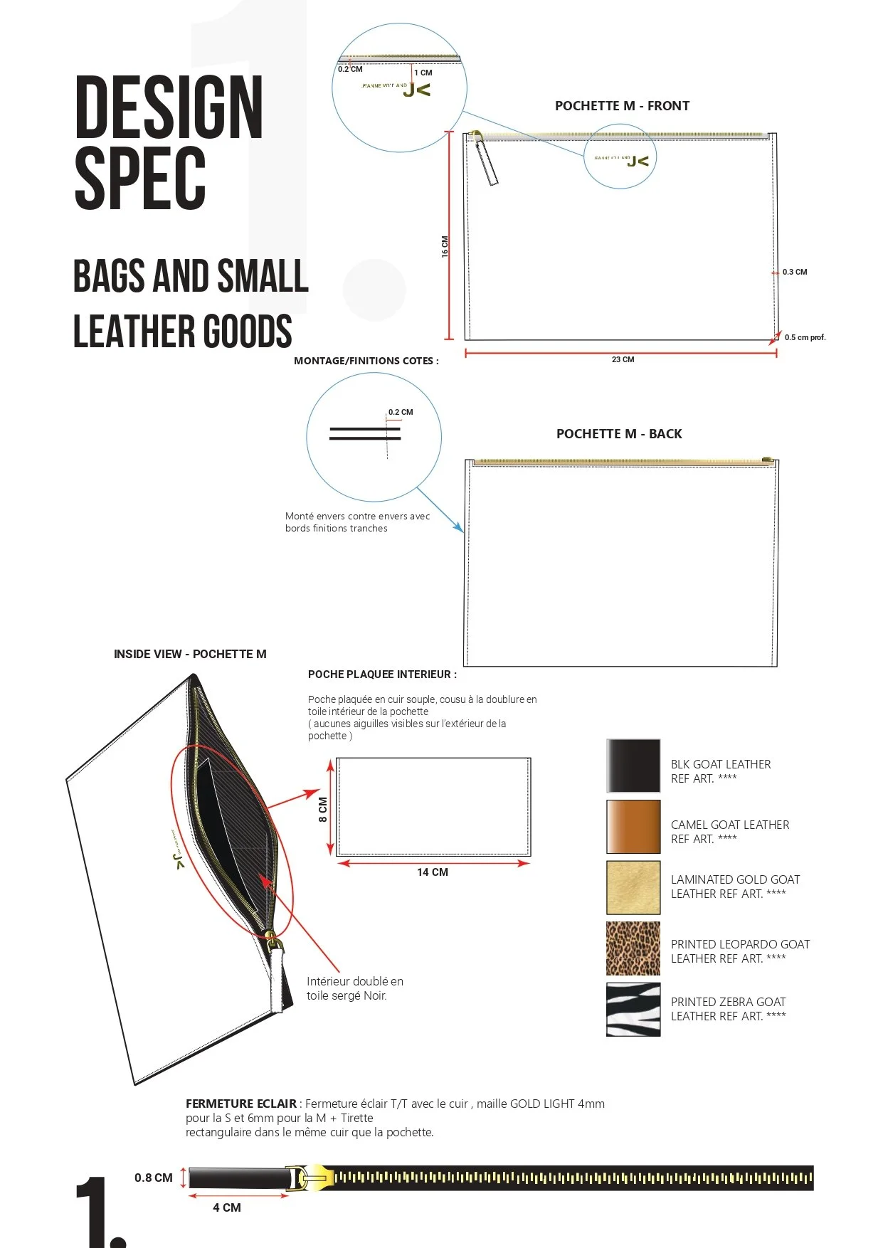 Schema technique pour la confection d'une petite pochette en cuir, montrant les dimensions, les détails de couture, et la sélection de différentes peaux en cuir avec une fermeture éclair.