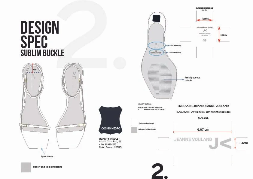 Schéma technique d'une chaussure avec détails sur la conception, les mesures, et les spécifications de l'empreinte et de la semelle. Inclut les dimensions de la chaussure, le placement de l'empreinte, et des notes sur la qualité de l'empreinte et de la semelle.