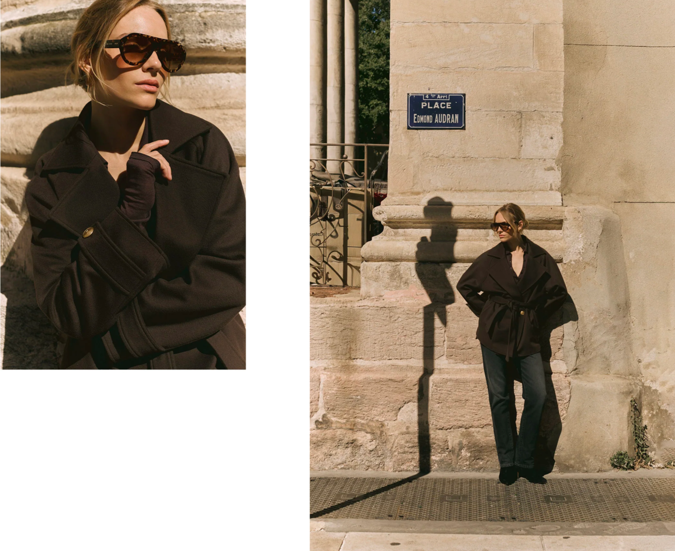 Femme portant un manteau noir, lunettes de soleil, posant contre un mur en pierre, ombre de la lampe sur le mur