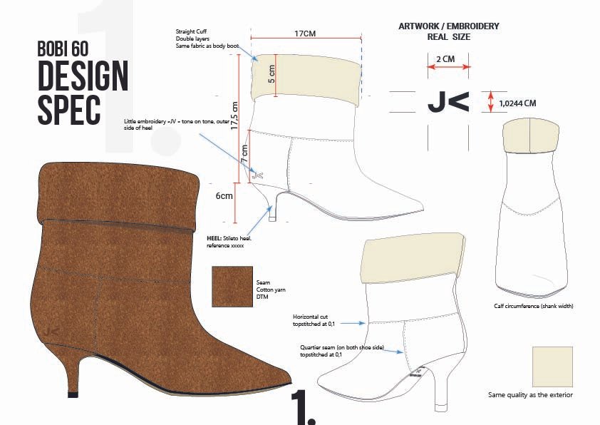 Diagramme de conception d'une botte à talon haut en cuir avec mesures détaillées, comprenant le dessus, la semelle, et les coutures, avec annotations techniques.