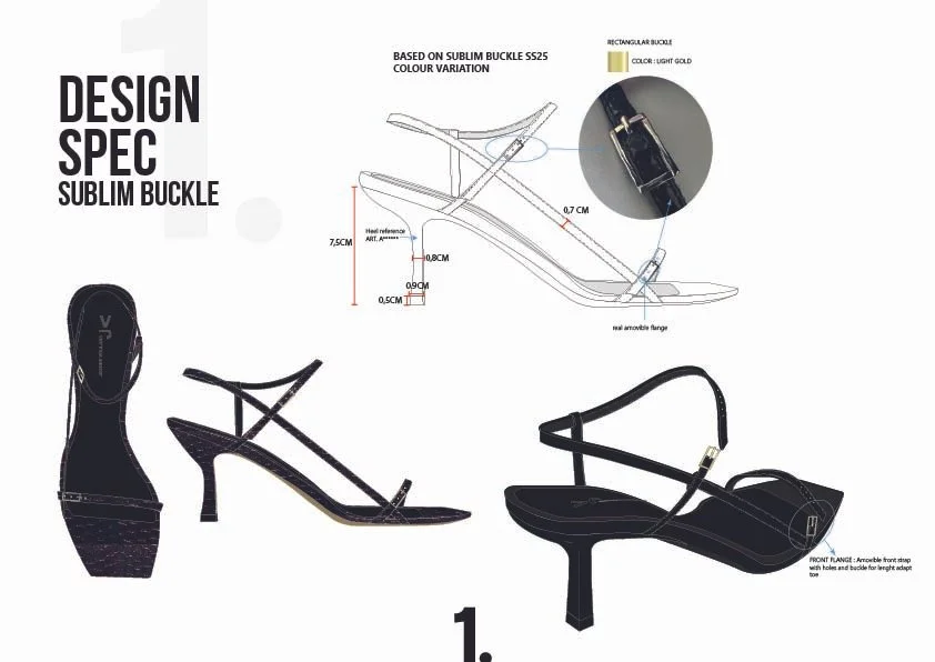 Schéma technique d'une sandale à talon avec détails sur la boucle Sublim, comprenant une vue latérale, une vue de dessus et une vue 3D, avec annotations des dimensions et de la couleur de la boucle.